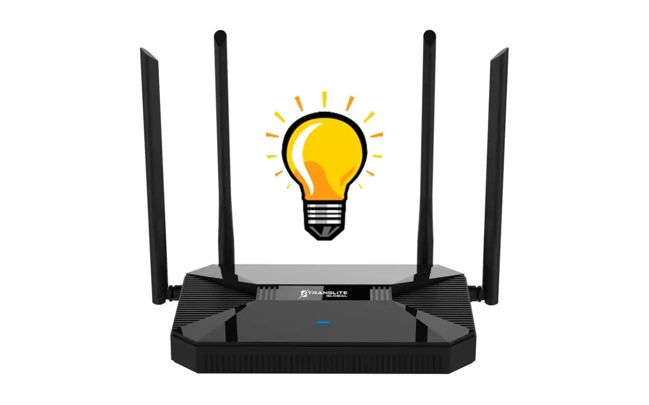 Router negro con antenas y una bombilla encendida encima. Parece que el router no se enciende, pero hay una idea brillante.