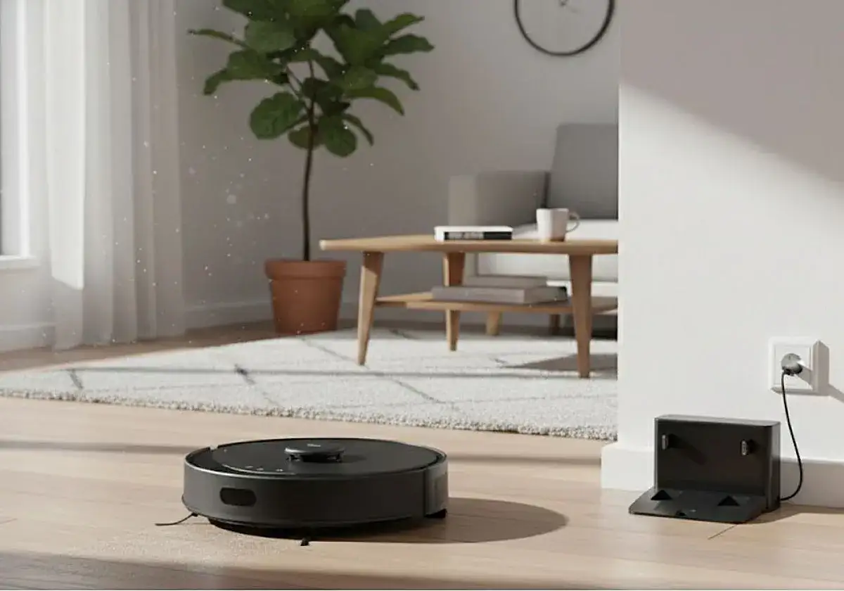 Aspiradora robot negra en acci&oacute;n, realizando un mapeo r&aacute;pido de la sala de estar.
