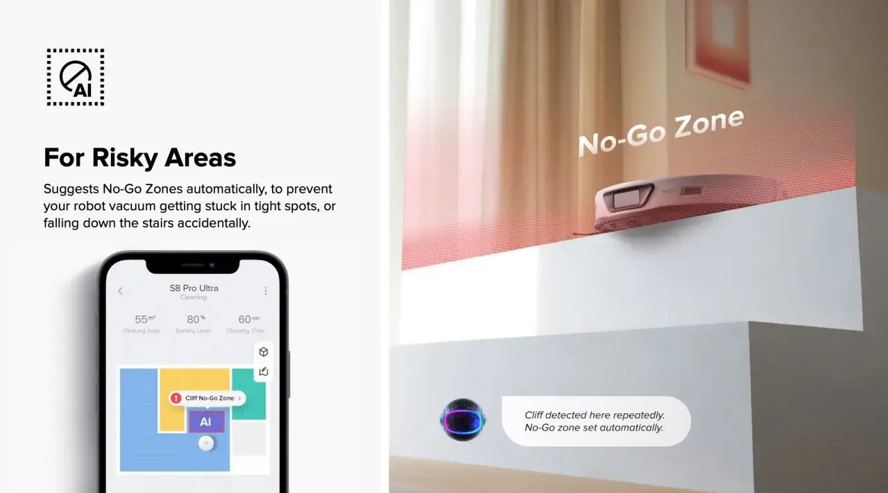 Robot aspirador evita ca&iacute;das y zonas peligrosas. La aplicaci&oacute;n marca una zona de exclusi&oacute;n autom&aacute;ticamente para protegerlo.