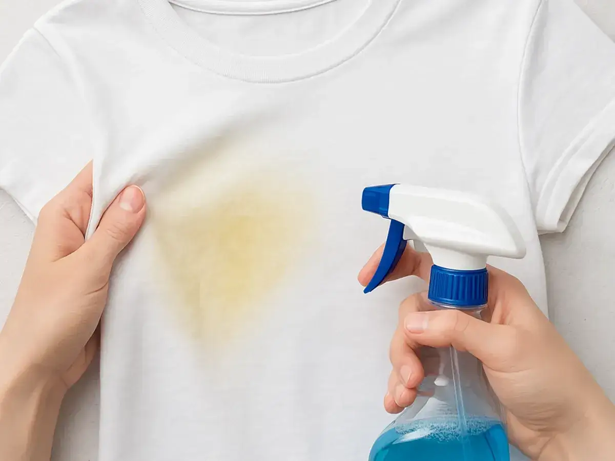 Manos aplican spray a una camisa blanca amarillenta con una mancha amarilla.
