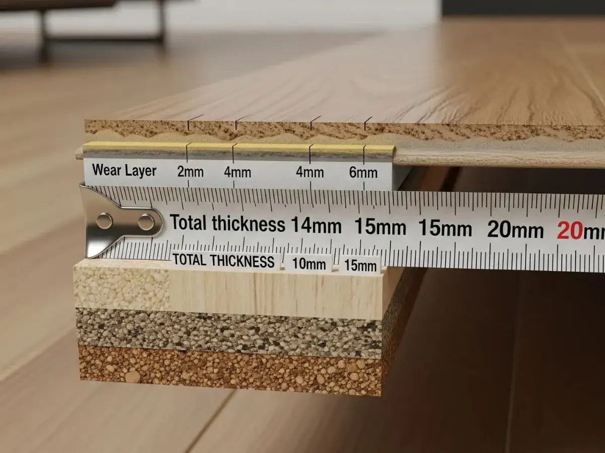 Corte transversal de suelo laminado mostrando capas y midiendo el grosor del parquet laminado con una cinta m&eacute;trica.