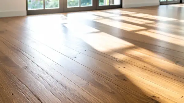 El cálido suelo de madera de una casa de campo, bañado por la luz del sol que entra por los ventanales.