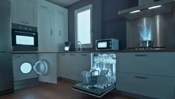 Cocina moderna con lavadora abierta, lavavajillas lleno y cocina encendida. ¡Todo funciona a la perfección con nuestra garantía lavadora!