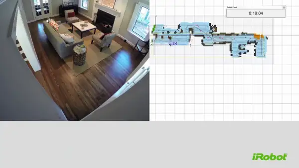 Vista aérea de una sala de estar con un mapa de **roomba mapeo** en la pantalla, mostrando el progreso de limpieza.