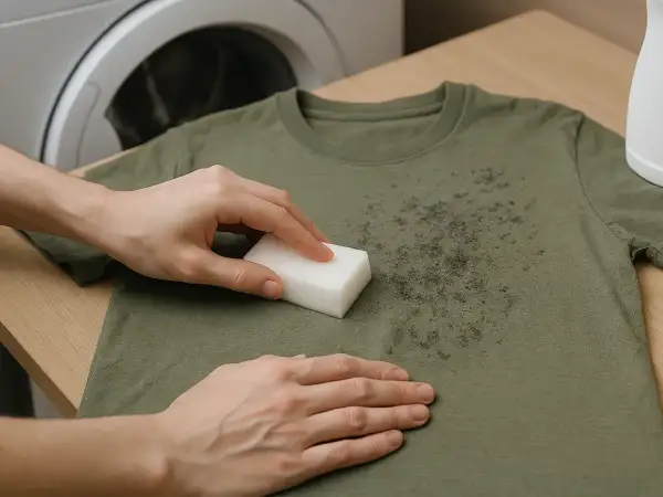 Manos limpiando una camiseta verde con manchas de moho usando una esponja blanca. Aprende como quitar moho de la ropa.
