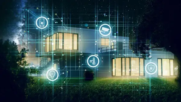 Casa inteligente conectada, con iconos de seguridad, temperatura y luz. La red digital facilita configurar wifi para el hogar.