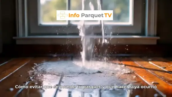 Un chorro de agua cae sobre un suelo de parquet, formando un charco de agua. El texto indica cómo evitar inundaciones en el parquet.