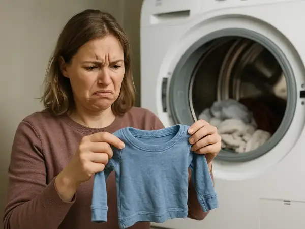 Mujer con cara de disgusto, señalando una pequeña prenda azul que la secadora encoge la ropa.