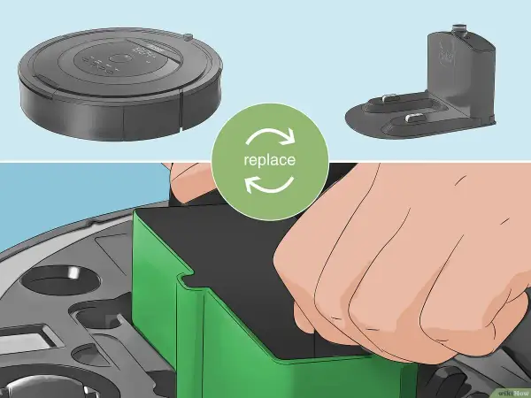 Mano insertando un depósito verde en un robot aspirador. Si tu roomba no recoge suciedad en el depósito, quizás necesites reemplazarlo.
