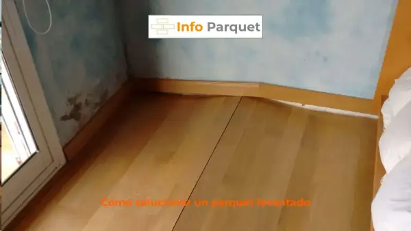Parquet bufado en una esquina, con marcas de humedad en la pared. Se muestra cómo solucionar un parquet levantado.