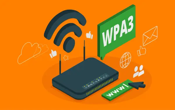 Router Wi-Fi con símbolo de señal, burbuja "WPA3" y varios iconos de conexión.