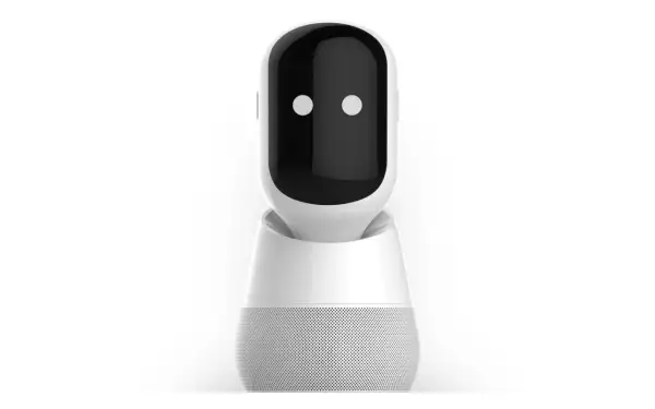 Robot con pantalla negra y dos puntos blancos, listo para recibir tu comando de voz.