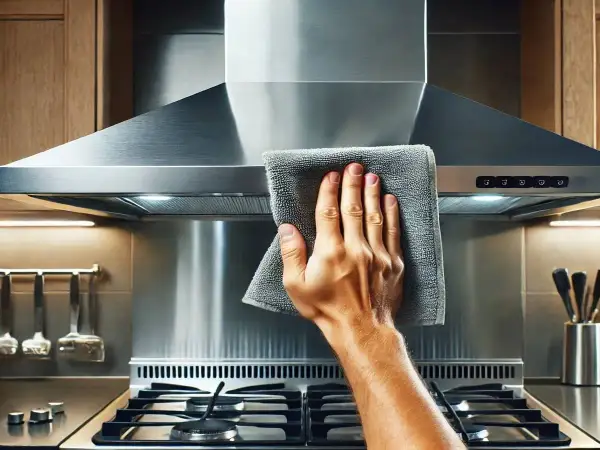 Mano limpiando la campana extractora de acero inoxidable con un paño gris.
