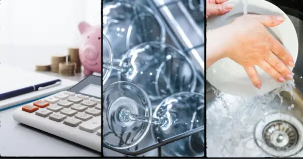 Calculadora, hucha y lavavajillas. ¿cuanta agua gasta un lavavajillas comparado con lavar a mano? Ahorra agua y dinero.