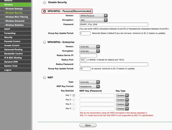 Configuración de seguridad Wi-Fi: WPA2-Personal con contraseña, WPA2-Enterprise y WEP. El SSID del router se configura aquí.