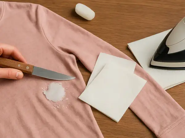 Mano raspa cera de camiseta rosa. Se muestra cómo quitar cera de la ropa con cuchillo, papel y plancha.
