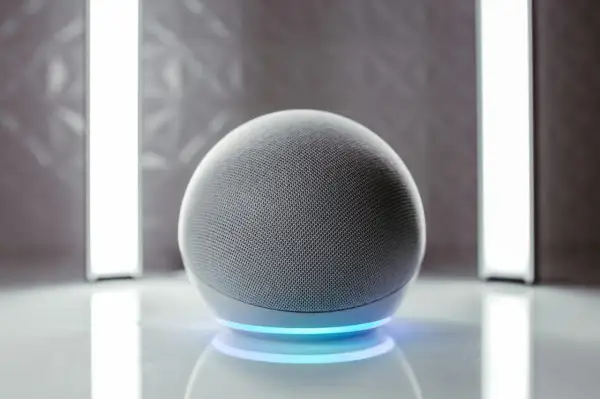 Altavoz inteligente con luz azul, listo para programar Alexa y crear rutinas.