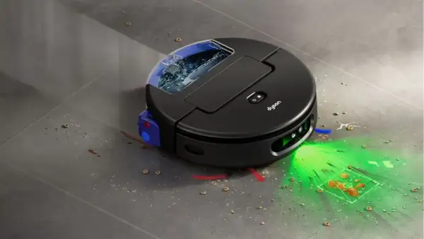 Robot aspirador Dyson limpiando migas y líquidos. La mejor roomba calidad precio para un hogar impecable.